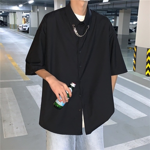 港风大码短袖纯色衬衫青年男生ins宽松情侣衫B299-X5275-P45限65图片