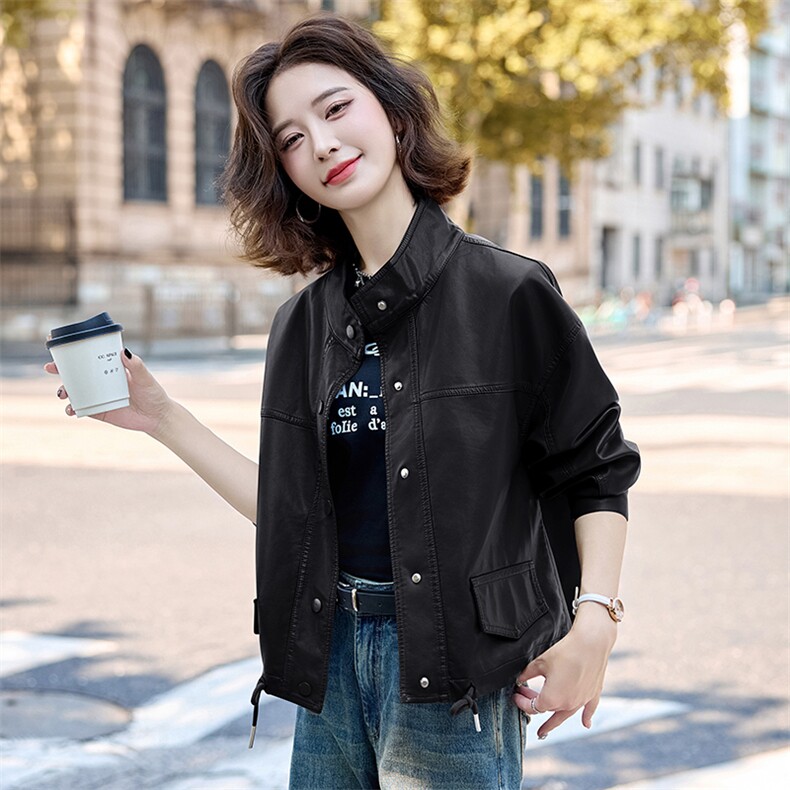 皮衣女短款2025春秋新款时尚休闲百搭真皮皮衣外套立领夹克上衣女,女装皮衣,臻衣坊