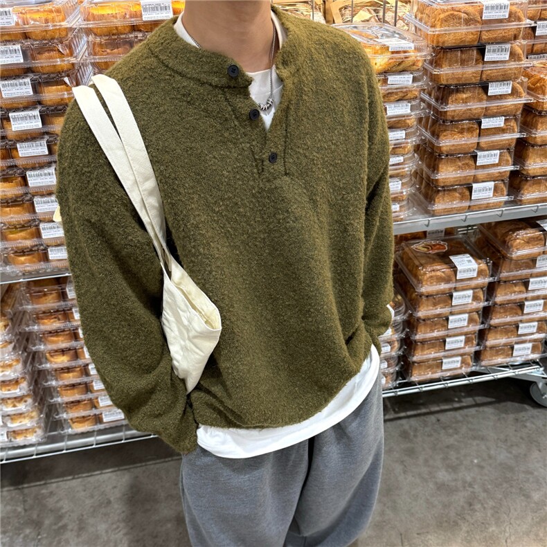 圈圈纱纯色亨利领纽扣针织衫男秋冬季松弛感百搭套头毛衣休闲外套,男装针织衫/毛衣,星座1210-1