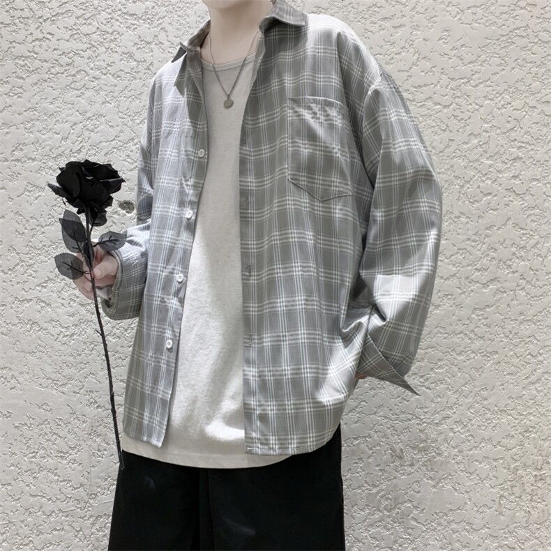港风秋季小清新外穿长袖衬衫男百搭休闲格子衬衣外套CS22/P45,男装衬衫,电商D202-1