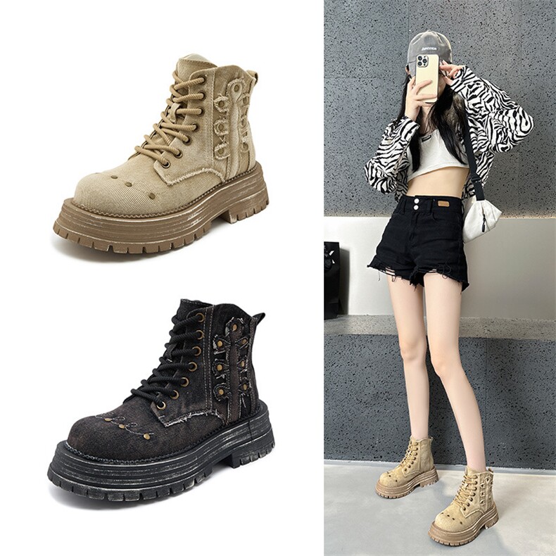 复古牛仔靴破洞马丁靴女夏秋做旧厚底短靴英伦风单靴小个子工装靴，女鞋马丁靴，电商A223