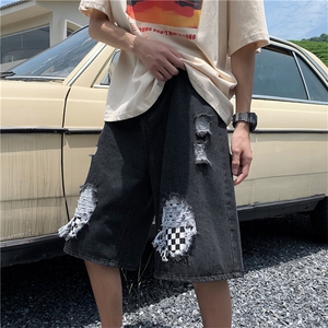 破洞棋盘格牛仔短裤男夏季高街潮牌港风休闲潮流五分裤N06658-P38图片