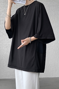8XL-M 特大码日系复古山西速干镂空拼接短袖T恤上衣男DX319P50图片
