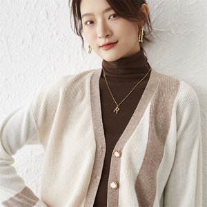 2024春秋新款宽松V领外搭长袖毛衣针织开衫女拼色上衣图片