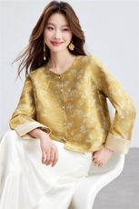 在仓~2026年春季新中式宽松纽扣真口袋通勤圆领人丝烫金长袖外套，女装短外套，新依时派