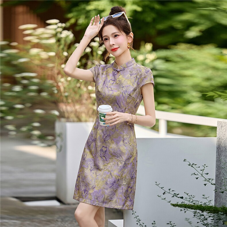 新中式改良旗袍连衣裙女夏复古印花收腰显瘦A字裙气质,女装连衣裙,丽影随形