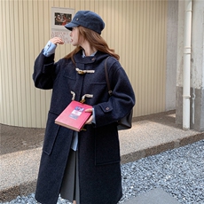 藏青色牛角扣双面呢羊毛大衣女秋冬2025新款高级感独特巨好看外套，女装毛呢外套，2C209