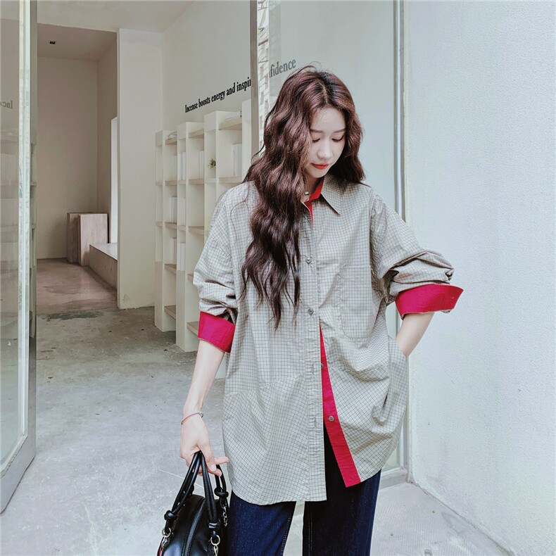 【新款】红袖灰格拼接衬衫2C137-8289-P135-K218,女装衬衫,2C137