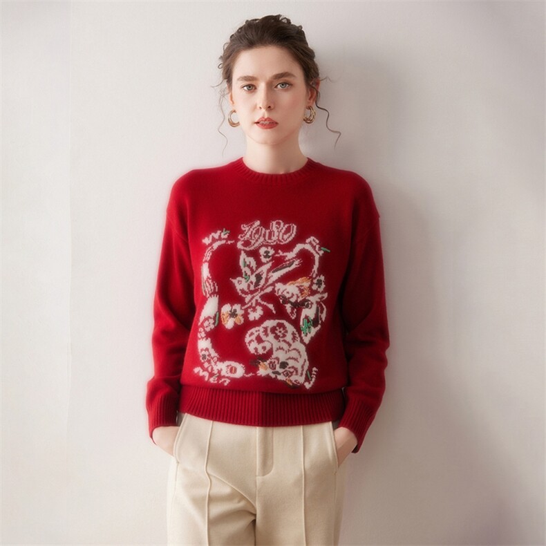 红色山羊绒针织套头毛衣女慵懒风长袖100%羊绒针织衫25新款，女装针织衫/毛衣，美创羊绒