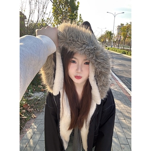 现货重磅boxy短款棉衣座山雕大毛毛领男女棉服水洗工装厚外套图片