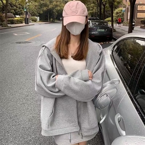 灰色连帽卫衣拉链上衣女春秋款2025新款chic夏季薄款休闲宽松外套图片
