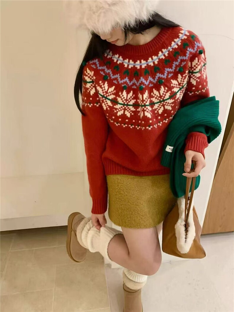 2025年秋季时尚百搭通勤简约休闲复古提花费尔岛圆领套头，女装针织衫/毛衣，暖烁特种纱工厂店