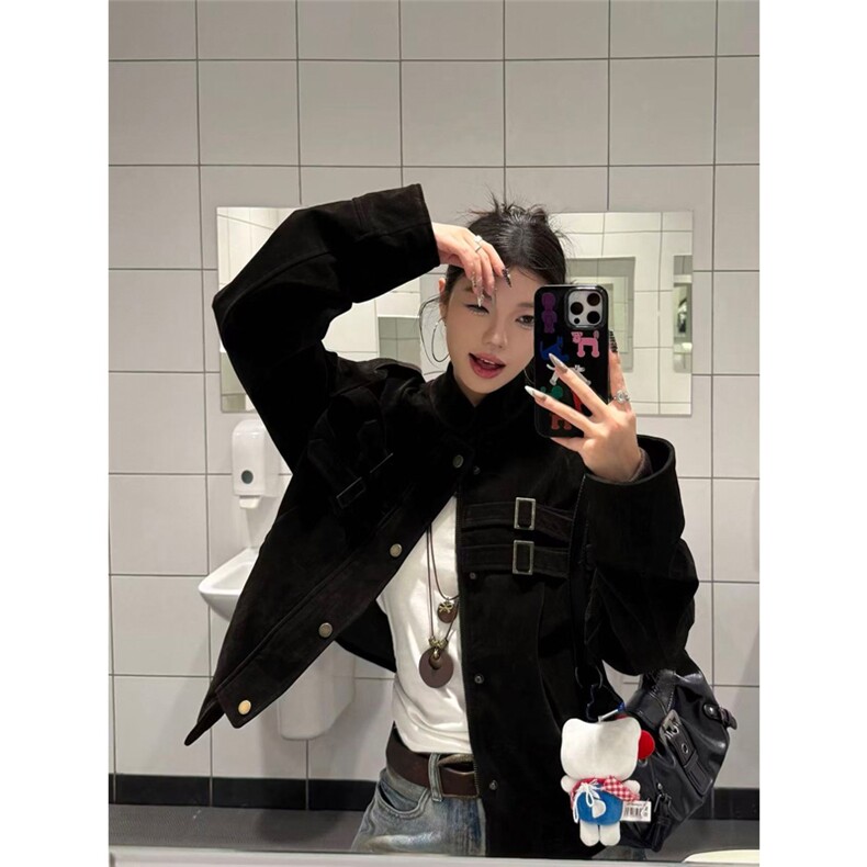 网图有货美式拼接设计麂皮绒外套男女宽松织带夹克A1046-P73,男装夹克,星座1505