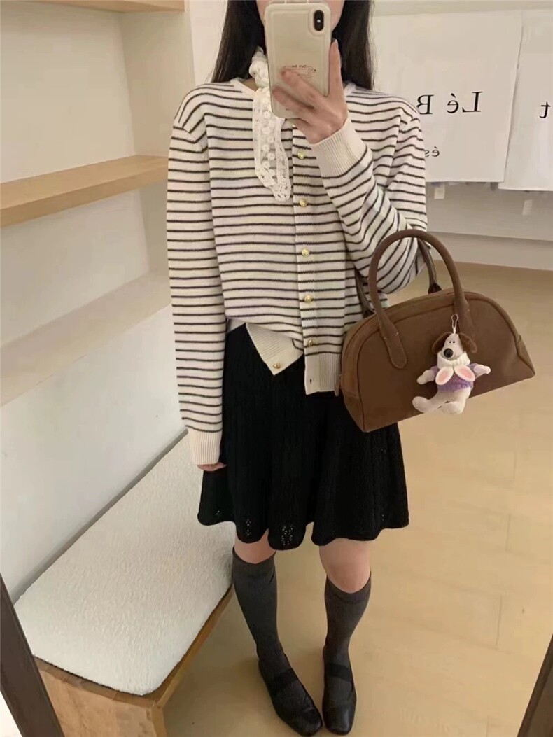 时尚条纹控！针织开衫女圆领毛衣秋冬短款上衣宽松羊毛外套,女装羊毛衫,圣旺供货