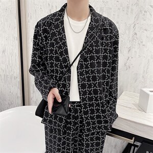 阔版宽松休闲西装套装个性花西服两件套TZ04/P100特图片