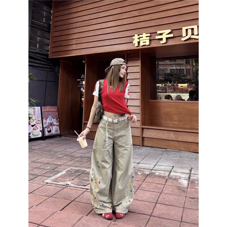 XFX美式复古宽松弯刀工装裤女高街休闲拖地阔腿印花cleanfit长裤,男装工装外套,星座506A