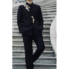 春秋新中式重工刺绣玉兰花中山装西服外套男复古痞帅西装套装潮，男装西服套装，星座601-1