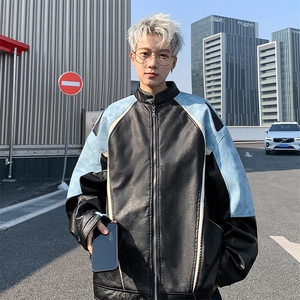 JK8803-P80美式春秋潮牌拼色重工皮衣夹克图片