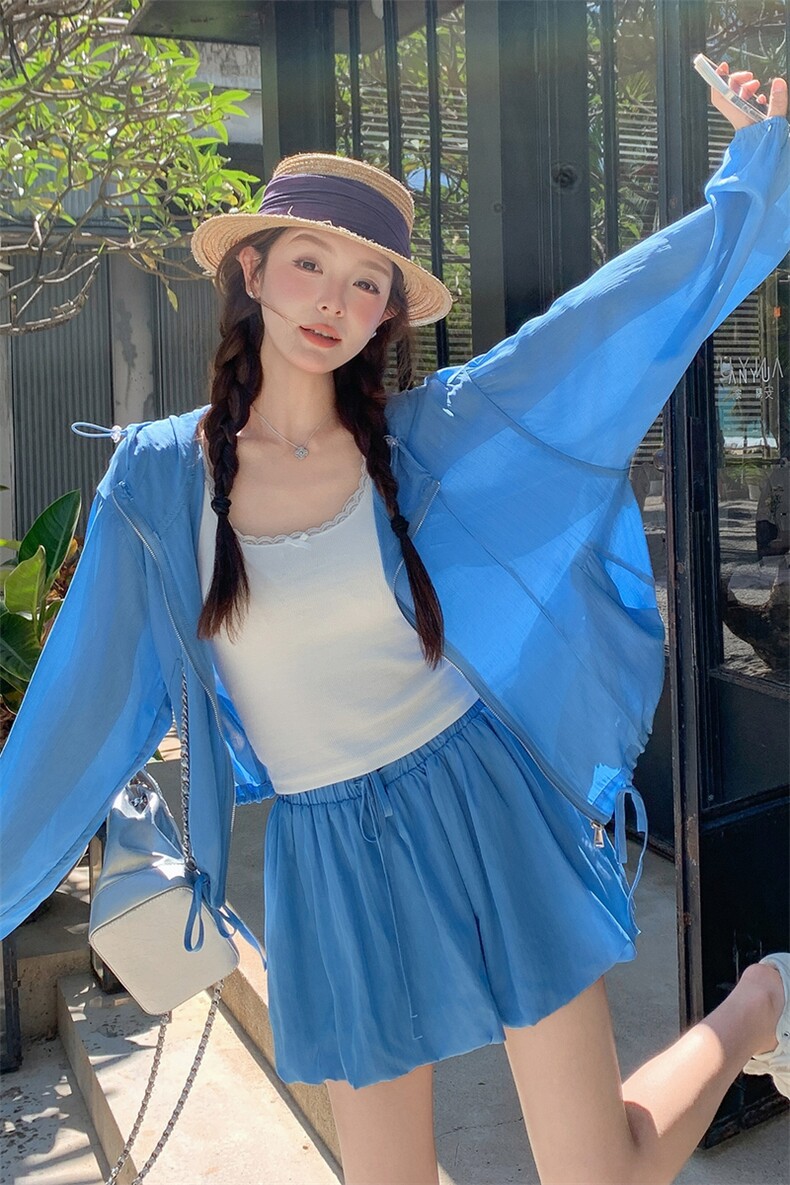 率性轻薄防晒套装裙女夏季2025新款时髦感连帽上衣半身短裙两件套,女装套装/套裙,千寻