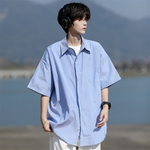 条纹拼接短袖衬衫男夏季潮牌文艺风cleanfit宽松休闲痞帅衬衣外套图片