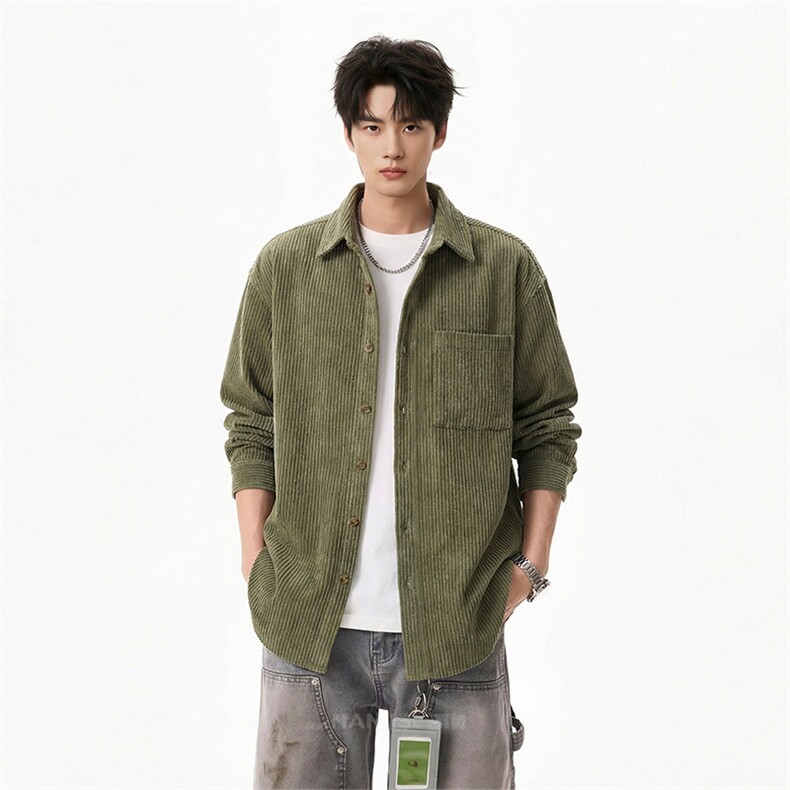 春季灯芯绒长袖衬衫纯色条纹男青少年休闲工装上衣D06-TP31不,男装衬衫,电商A102