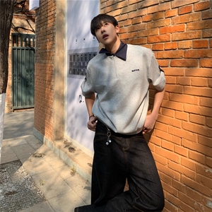 美式复古假两件翻领拼接半拉链polo衫短袖男女TA008-P45图片