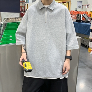 T6075/P25夏季华夫格polo衫T恤男大码宽松纯色简约上衣男装潮图片
