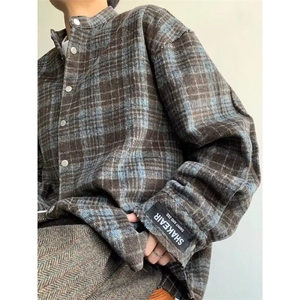 美式复古蓝咖格子衬衫男款春秋新款慵懒休闲衬衣呢料外套 C341图片