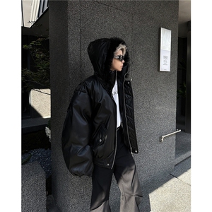 【有货】DM8033-P118 美式解构毛领座山雕加厚重磅连帽短款皮衣图片