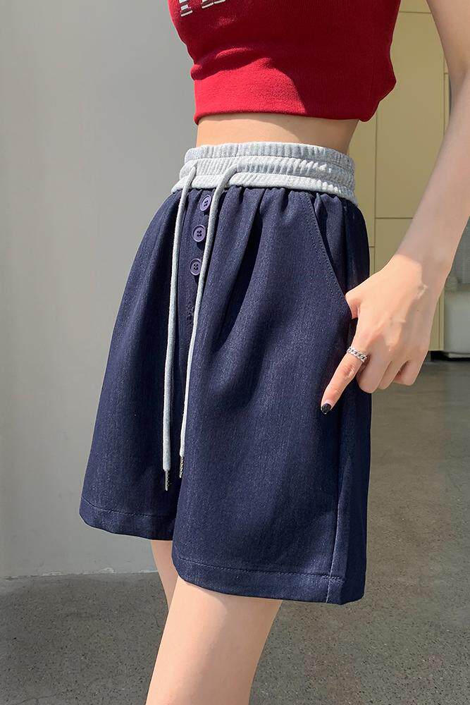 天丝牛仔短裤女2024夏季薄款松紧腰a字宽松显瘦百搭阔腿裤子,女装牛仔裤,梦白服饰厂