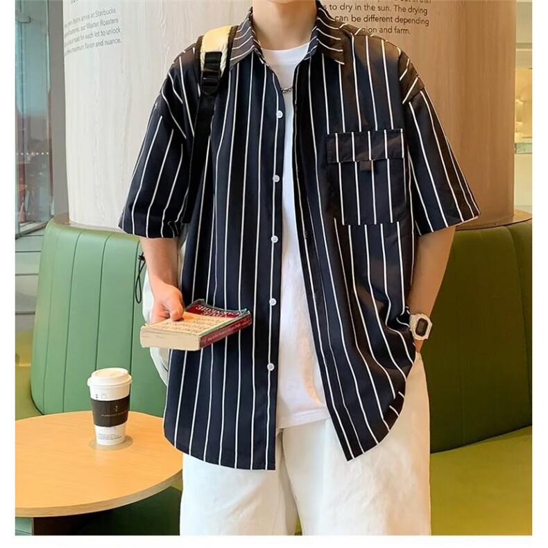2025夏新款文艺休闲条纹短袖衬衫C3040P35,男装T恤,星座1108