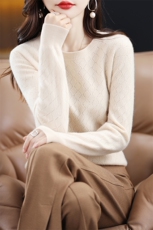 2024秋季新款圆领长袖纯色套头衫休闲百搭，女装羊毛衫，秋双羊绒