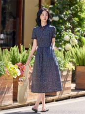 田园风斜领碎花刺绣连衣裙女春夏收腰显瘦中长裙（细节图颜色为），女装连衣裙，水衣源