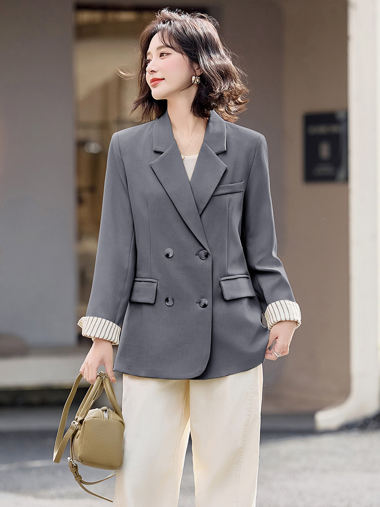 高级感时尚拼接西装外套女2025春季新款洋气百搭双排扣小西服上衣,女装西装,天丝秀