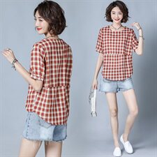 2025年夏季休闲格子潮流舒适时尚蕾丝衫/雪纺衫短袖圆领优雅，女装蕾丝衫/雪纺衫，风姿绰