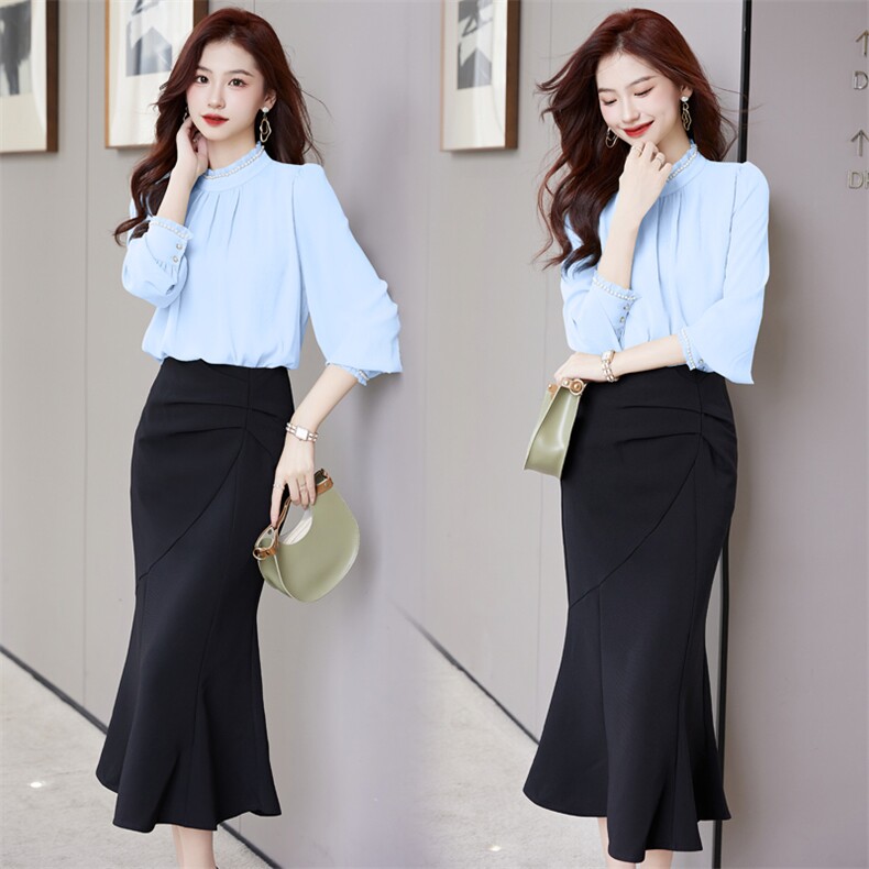 BAOKUAN2023年复古立领洋气减龄衬衣百搭显瘦时尚半身裙套装，女装套装/套裙，时尚俏佳人