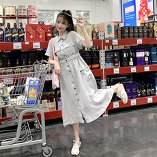 日系高端灰色亚麻衬衫连衣裙女夏2025新款学院风收腰气质工装长裙，女装连衣裙，2C372