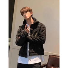 美式复古拉链破洞连帽牛仔外套男款潮流宽松百搭水洗做旧夹克上衣，男装夹克，星座506A