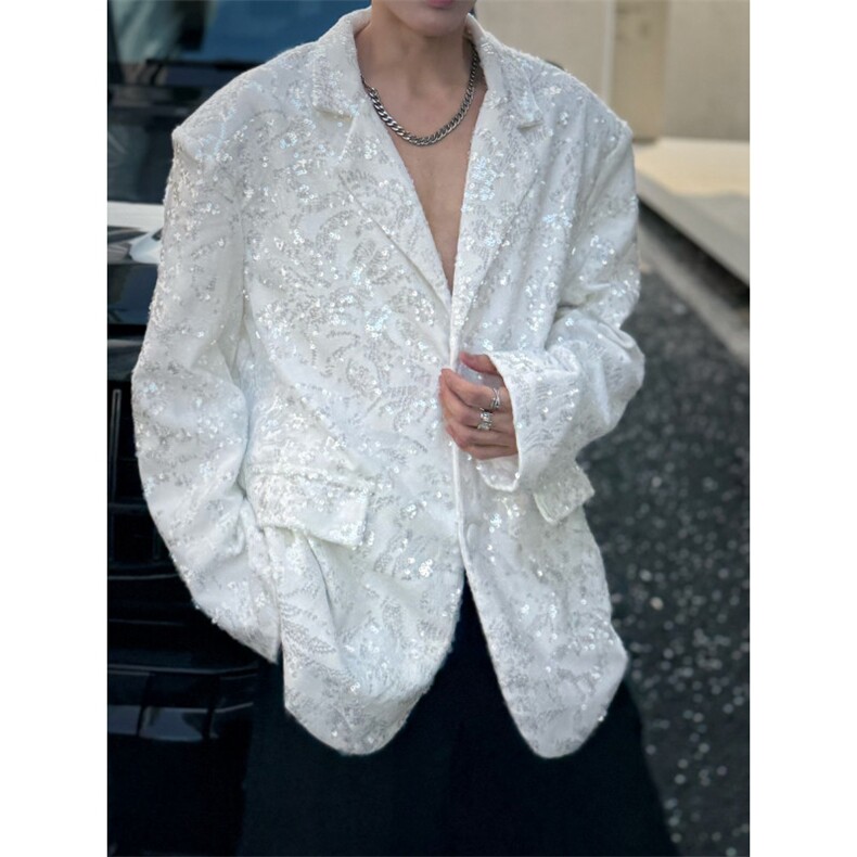 C316XZ8345P128秋新亮片设计宽松西服舞台个性白色外套西装,男装西服,电商C316
