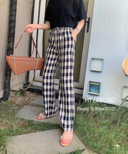 现货夏季新款，欧货格子裤配高腰T恤，女装T恤，HTYX(6F)