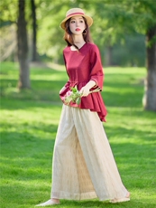 新中式休闲套装女春夏宽松系腰带显瘦七分袖上衣气质裙裤两件套，女装套装/套裙，水衣源