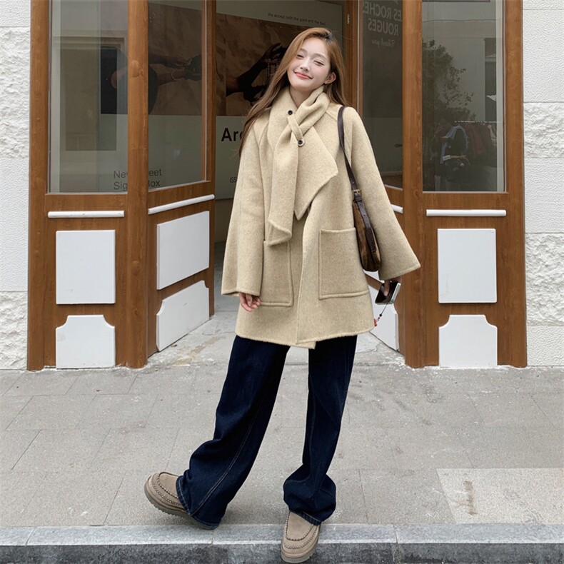 甜美风配围巾双面呢羊毛外套女2025入冬新款小个子气质设计感大衣,女装毛呢外套,2C009