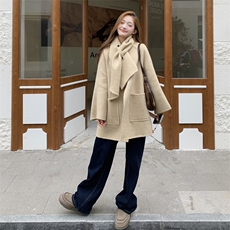 甜美风配围巾双面呢羊毛外套女2025入冬新款小个子气质设计感大衣，女装毛呢外套，2C009