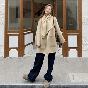 甜美风配围巾双面呢羊毛外套女2025入冬新款小个子气质设计感大衣图片
