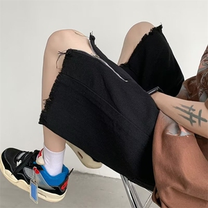 毛边拉链牛仔短裤男夏季潮痞帅炸街宽松休闲高街五分裤DK534-P36图片