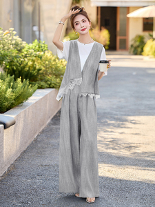 高级设计感亚麻套装女2025夏季新款大气贵夫人时尚薄款马甲三件套图片