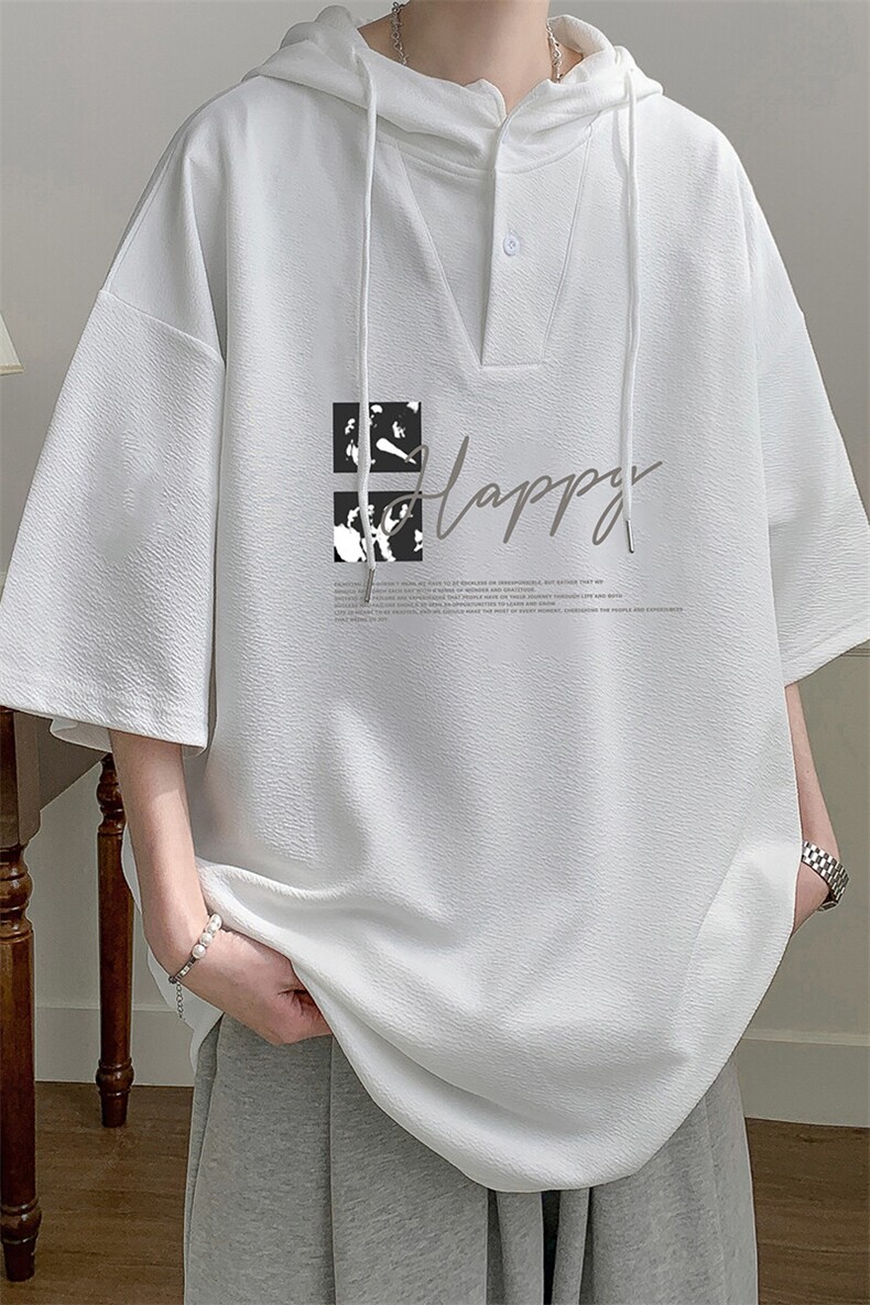 LD5431-P45连帽短袖t恤男大码胖子带帽五分袖中袖,男装T恤,电商A040