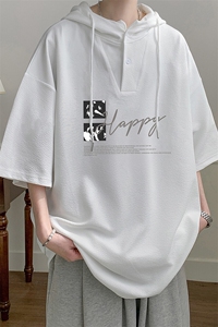 LD5431-P45 连帽短袖t恤男大码胖子带帽五分袖中袖图片