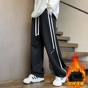 侧条纹裤子男士冬季宽松直筒加绒加厚保暖休闲卫裤JR29086-特P40图片