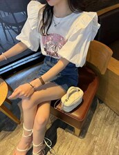 夏季印花木耳边T恤，女装T恤，简蔻